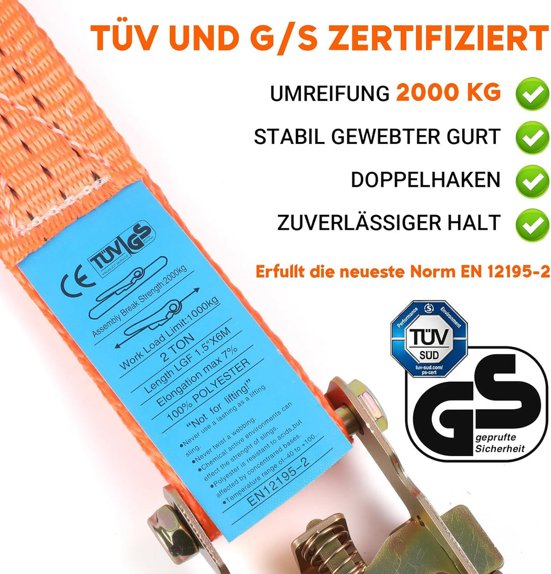 12 Stück Spanngurte mit Ratsche und Haken 2 teilig 2000kg 6m 38mm 2000 daN 2t Ratschengurte TÜV/GS Z