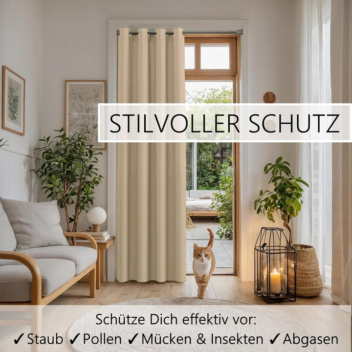 Türvorhang mit Teleskopstange, einfache Montage in nur 1 Minute ohne Bohren (Türvorhang beige + Stan