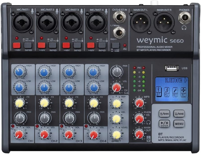 Weymic SE-60 Professioneller Mixer für DJ-Aufnahme, Bühne, Karaoke, Musik-App mit USB-Laufwerk für C