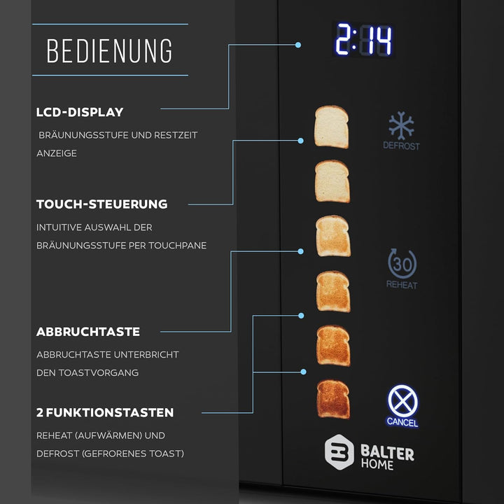 Balter Toaster 4 Scheiben, Touch Bedienung, Langschlitz, Edelstahl, Brötchenaufsatz, LCD Display Lan