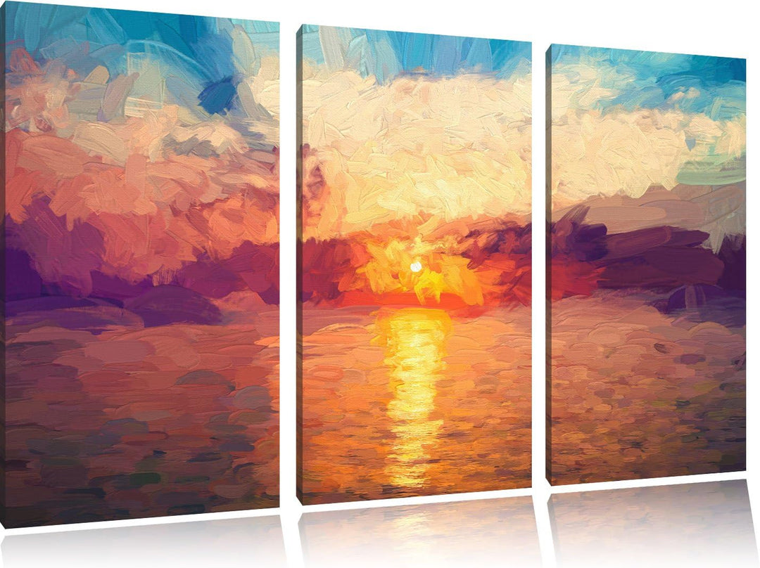 Pixxprint Sonnenaufgang am Meer Pinsel Effekt 3-Teiler Leinwandbild 120x80 Bild auf Leinwand