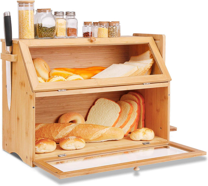 Leader Accessories Bambus Brotkasten 2 Etagen Brotbehälter mit Brotschneidebrett lebensmittelecht Br