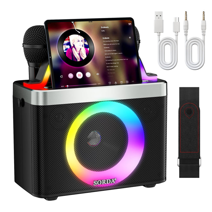 Tragbare Bluetooth-Karaoke-Maschine für Erwachsene und Kinder – 2 Kabellose Mikrofone, Schultergurt,