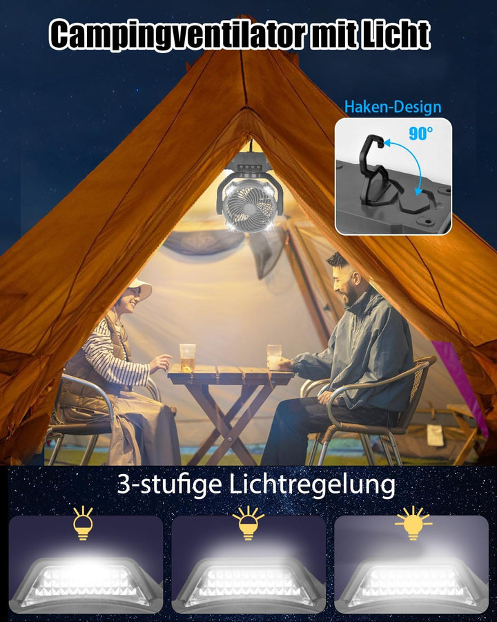Timiyou Camping Ventilator,10000mAh Tischventilator Sehr Leise mit Licht,Fernbedienung,Powerbank,4 G