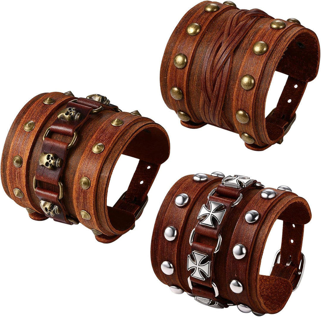 OIDEA 3PCS Herren Leder Armband Set (Punk Rock Stil 4.1cm-5cm Breite Gross geflochtene handgefertigt