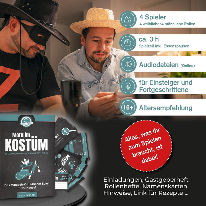 Krimispiel Mord im Kostüm – Champagner-Rausch und eine Leiche – Krimi Dinner Spiel für zuhause für 4