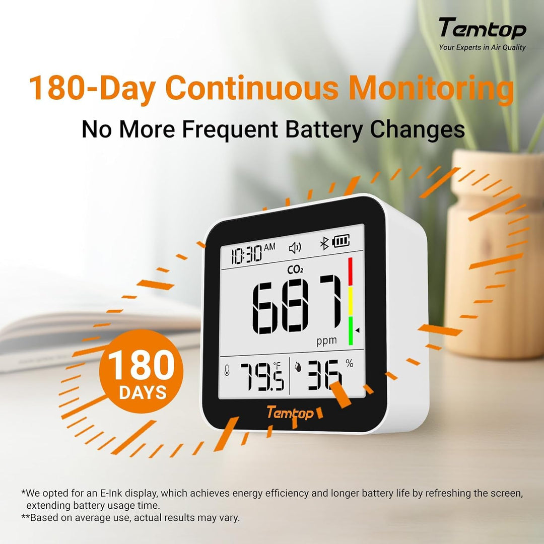Temtop CO2 Bluetooth Messgerät Raumluft Mit App-Verbindung, Echtzeit CO2 Überwachung, Temperatur & L
