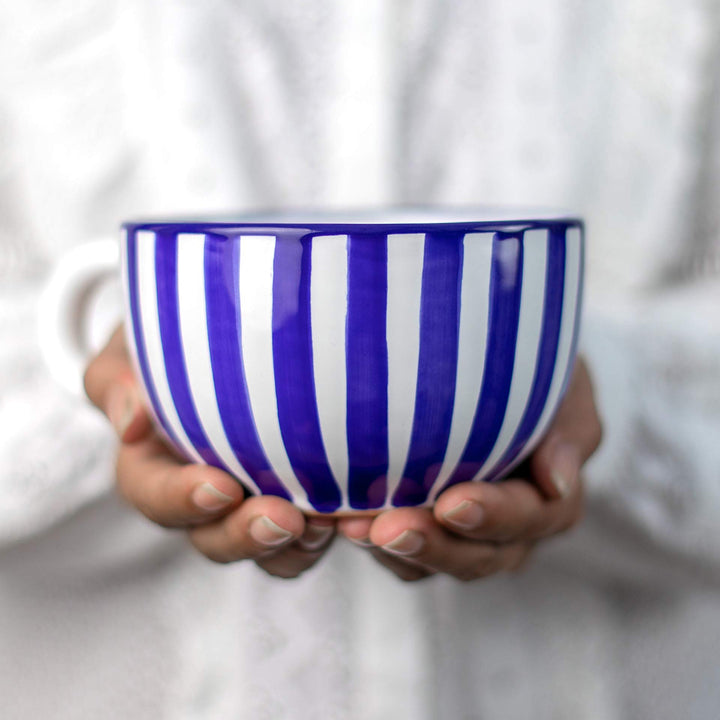 City to Cottage® - Keramik XXL Tasse 500 ml | Kaffeebecher | Blau-Weiss gestreift | Handgemacht | Ke