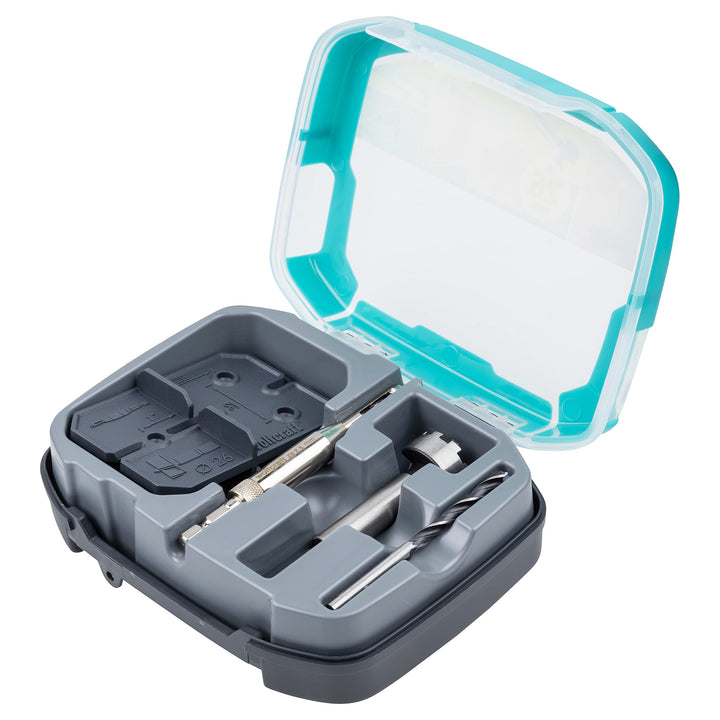 wolfcraft Scharnierloch-Set 4655000 Zur einfachen Installation von Topfscharnieren, 26 mm türkis, 26