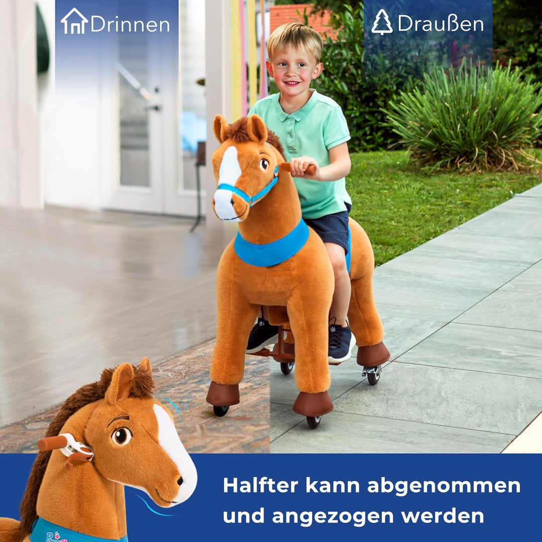 PonyCycle Pferd zum reiten, für Kinder 3–4 Jahre, 76cm Hoch, Reitpferd auf Rollen mit Handbremse, Sc