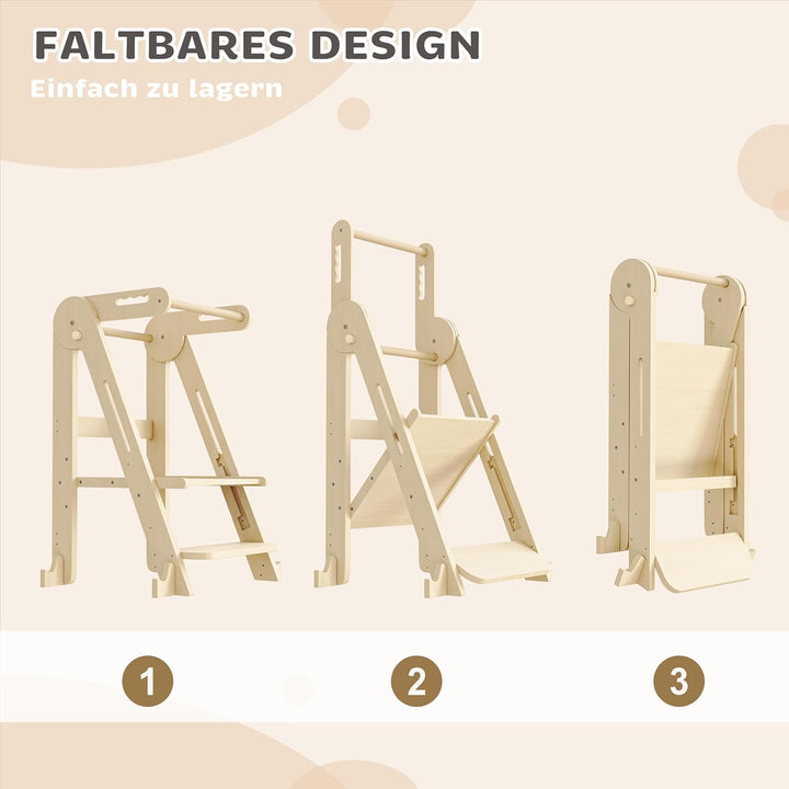 Klappbarer Toddler Tower Tritthocker, Höhenverstellbarer Kinderhocker mit Sicherheitsleiste & Rutsch