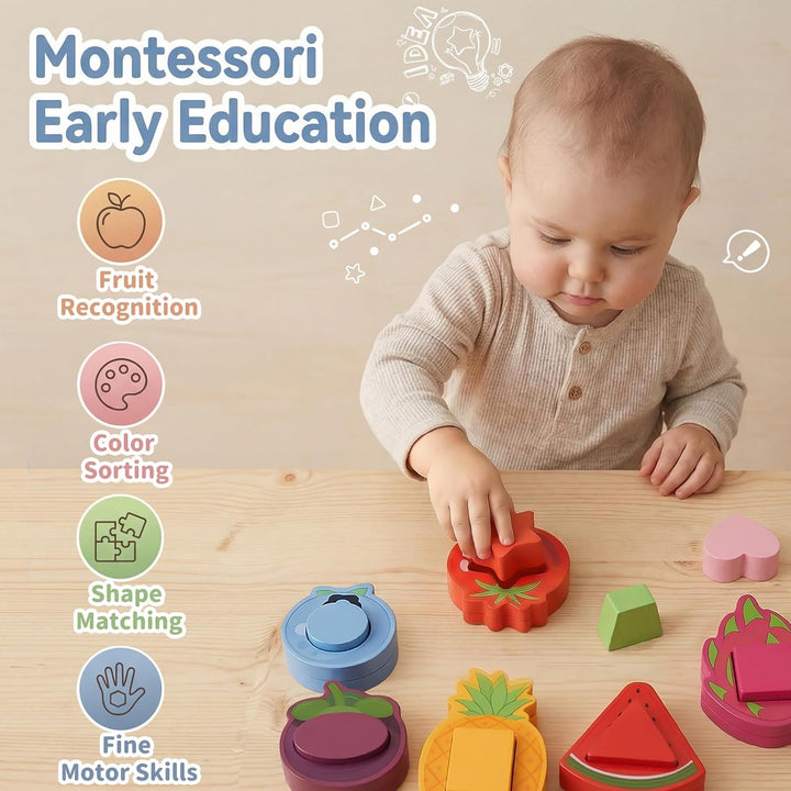 Montessori Spielzeug ab 1 Jahr, Steckspiel & Sortierspiel mit Obst Holzspielzeug - 8 Obst und Gemüse