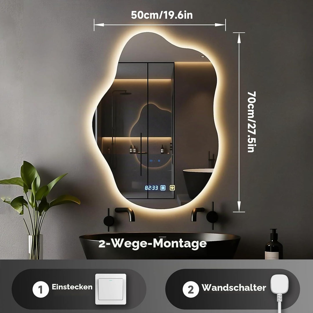Badspiegel mit Beleuchtung, Cloud-Design, Badezimmerspiegel mit Beleuchtung, LED Spiegel, Dimmbar, 3