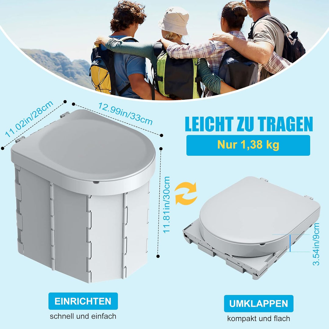 WADEO Tragbare Campingtoilette mit Deckel, 30 cm hohe Mobile Toilette mit 12 Stück Toilettenbeutel,