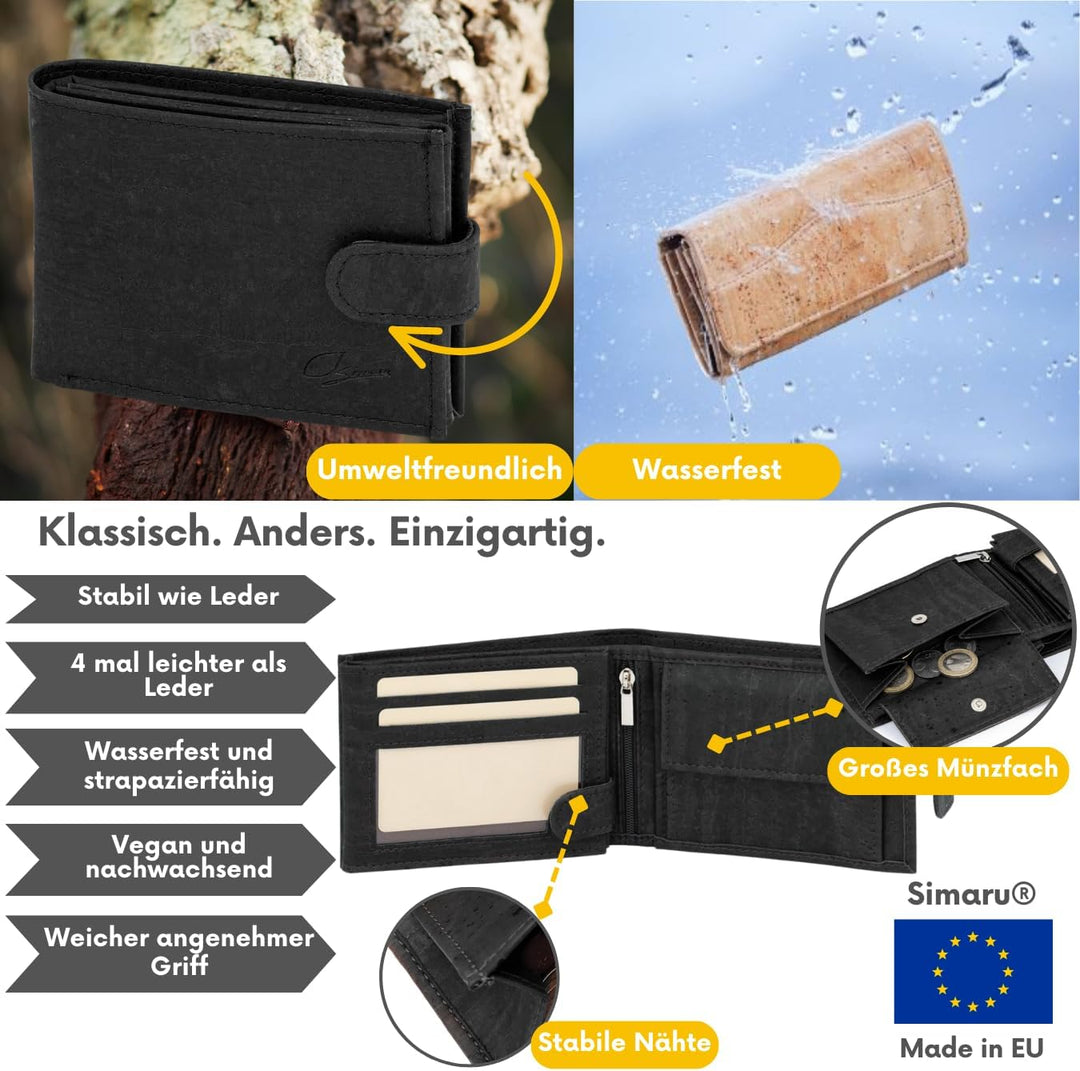 Simaru Kork Geldbeutel, Unisex Geldbörse mit RFID-Schutz, Portemonnaie für 11+Cards, Scheine & Münze