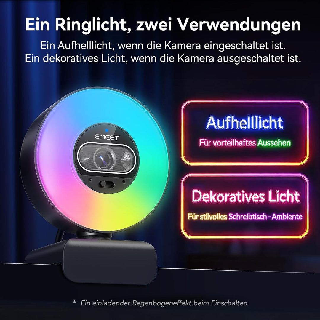 EMEET S600L 4K Webcam mit Ringlicht, 4 Beleuchtungsmodi, Regenbogeneffekt, 1/2"-Sensor, KI-Bildverar