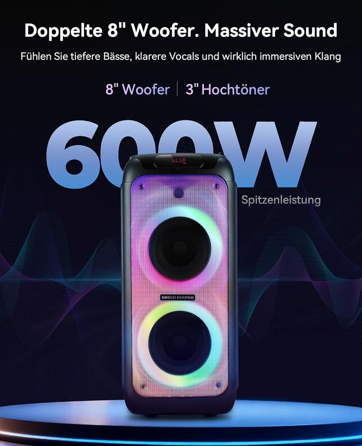 GKD80 Karaoke Maschine Für Erwachsene Mit 2 Kabellosen UHF Mikrofonen, 600W Peak Bluetooth Lautsprec