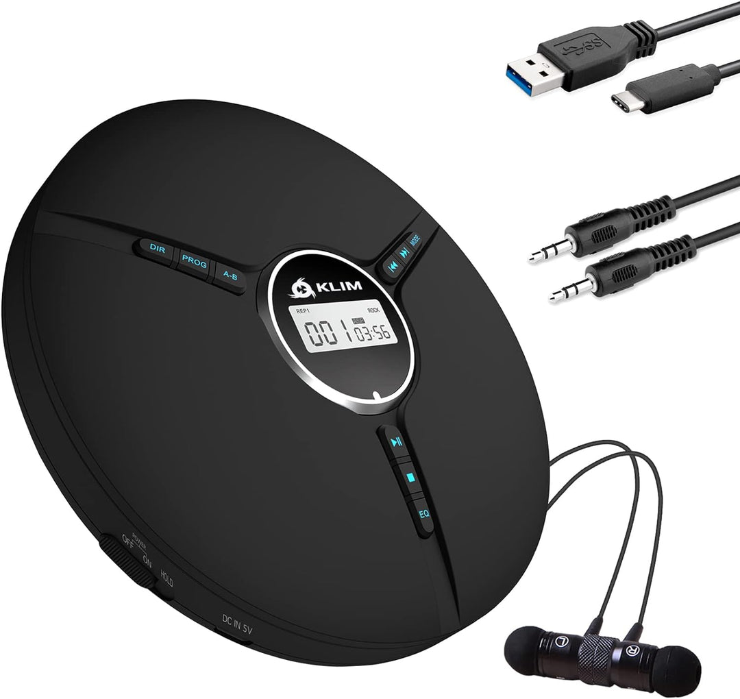 KLIM Discman - Tragbarer CD Player mit eingebautem Akku, inklusive KLIM Fusion Kopfhörer. Kompakter