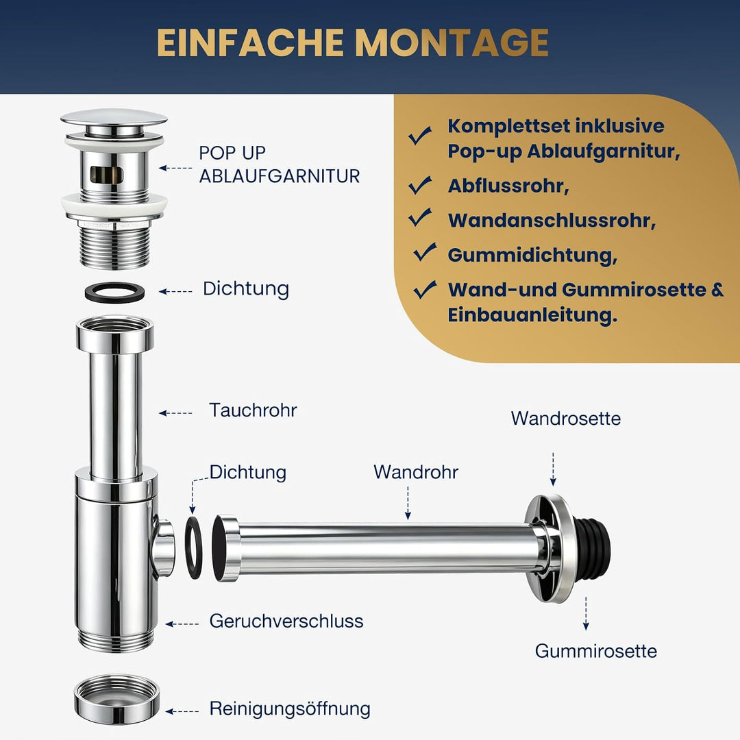 Wasserrhythm Universal Siphon mit Ablaufgarnitur für Waschbecken und Waschschalen mit Überlauf, Chro