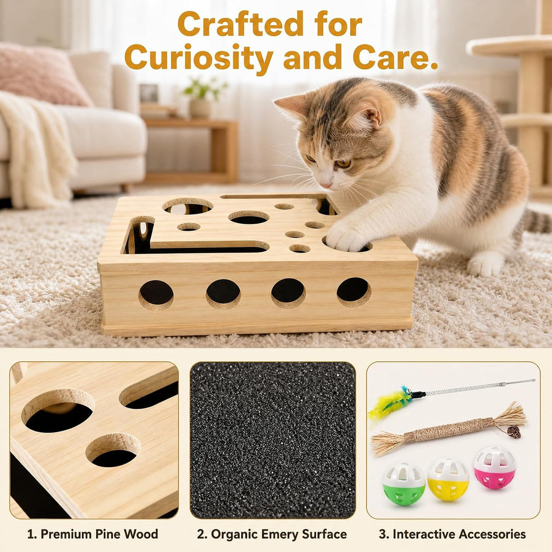 Kratzpuzzle Spielbox Holz, 30 x 25 cm Beschäftigungsbox Krallenfeile Katzen mit 3 Bällen, Katzenspie
