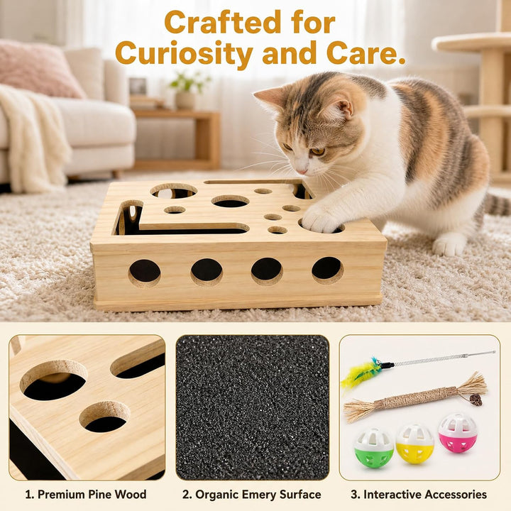 Kratzpuzzle Spielbox Holz, 30 x 25 cm Beschäftigungsbox Krallenfeile Katzen mit 3 Bällen, Katzenspie