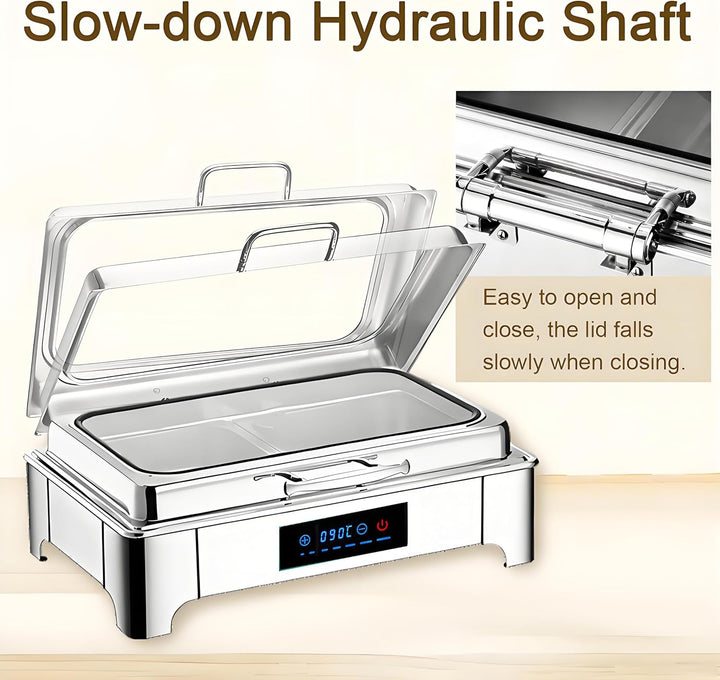 Elektrischer Chafing Dish Glasdeckel, 9L Edelstahl Speisewärmer Buffetwärmer Elektrisch Einstellbare
