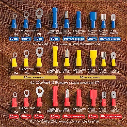 BAURIX® Crimpzange mit 6 Wechselbacken &amp; Abisolierzange inkl. 700 Kabelschuhe fur 0,5–6 mm² Kabel –