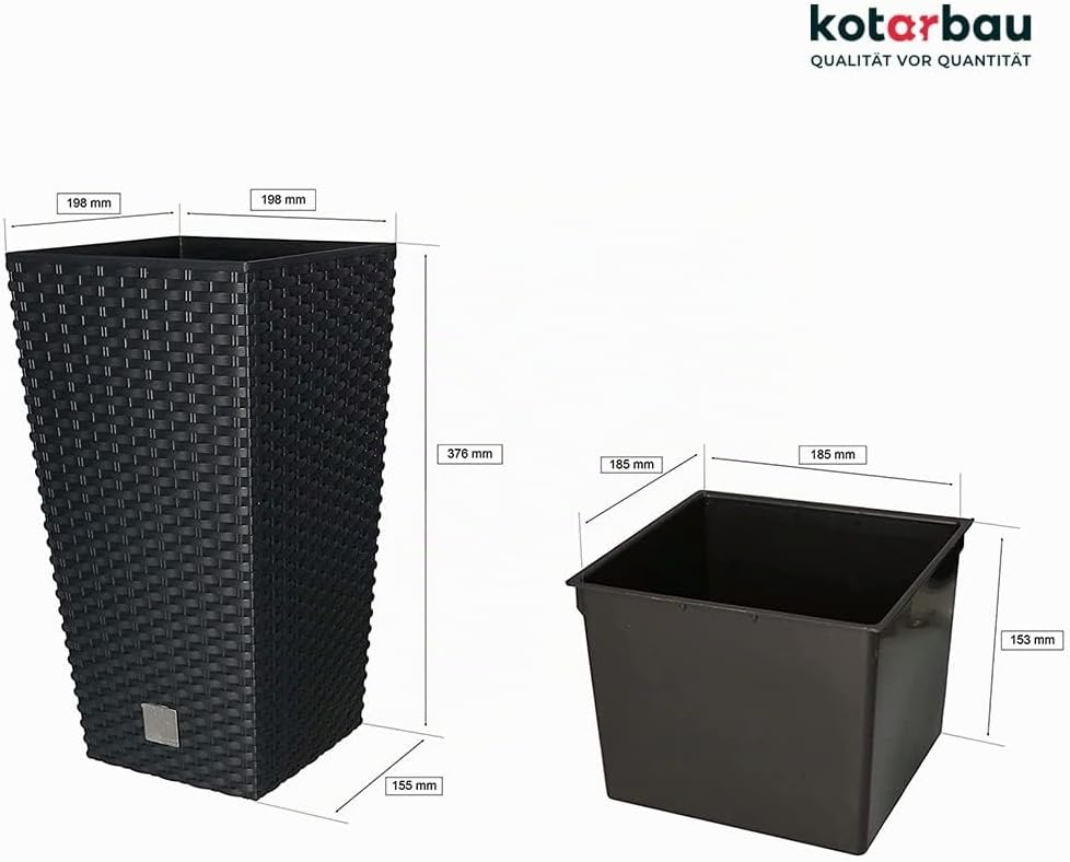 KOTARBAU® Blumentopf 200x200x376mm Rattandesign Quadratisch mit Innentopf Anthrazit, 200x200x376mm