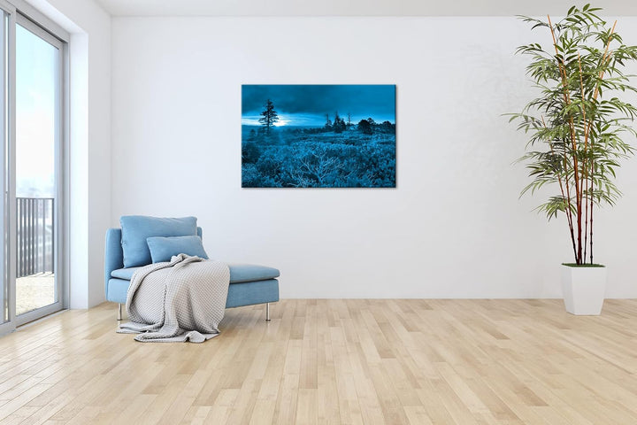 deyoli bezauberte Landschaft bei Sonnenaufgang Format: 100x70 Effekt: Monocrome Blau als Leinwand, M