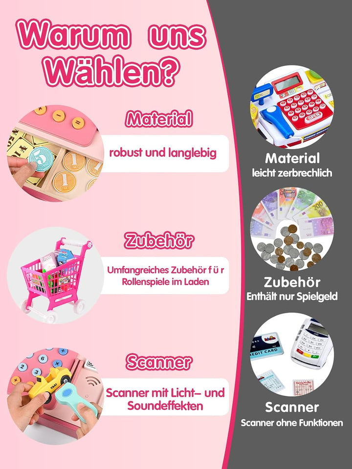 Holz Kasse Kinder Spielzeug, Spielkasse mit Scanner Warenkorb Spielzeugartikel Spielgeld Münzen Debi