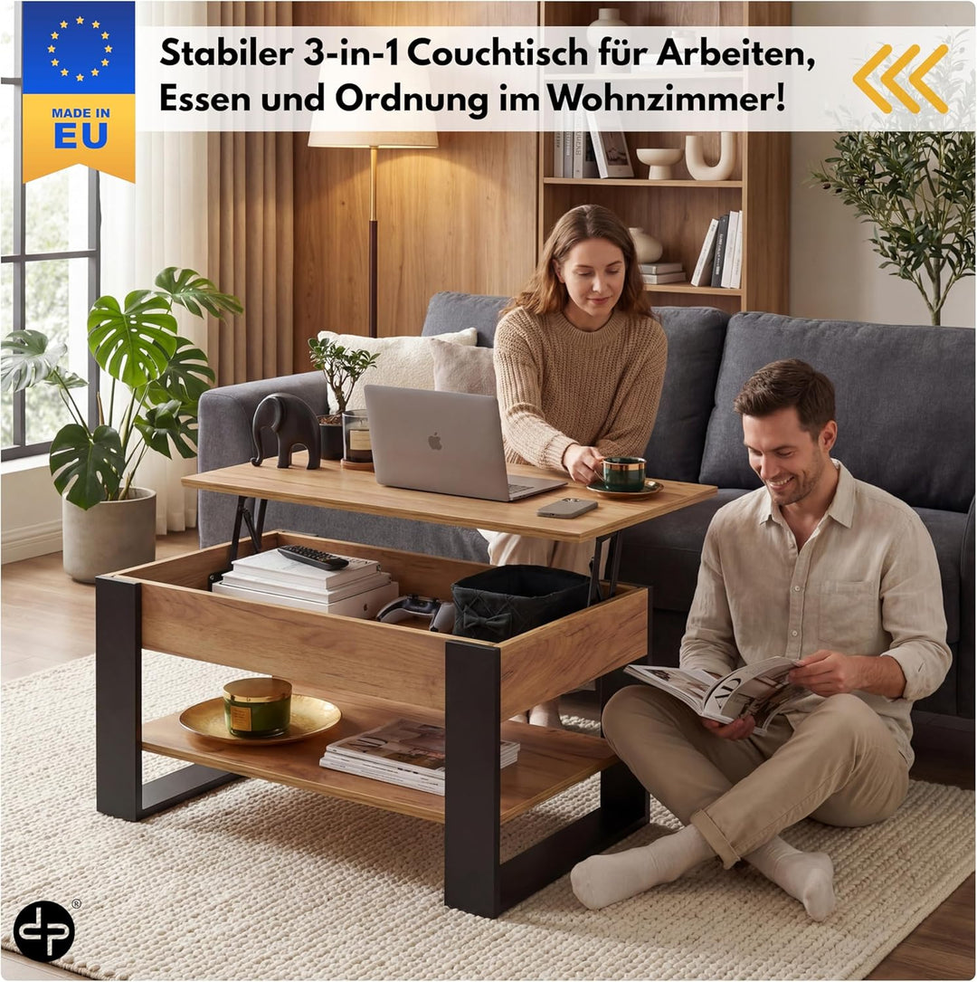 Couchtisch Höhenverstellbar mit Stauraum | Wohnzimmertisch Klappbar | Höhenverstellbarer Coffee Tabl