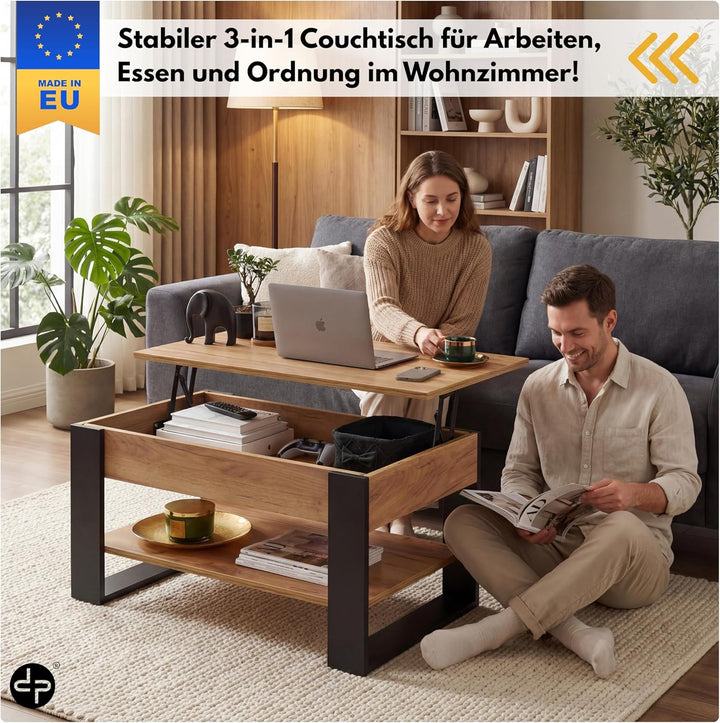 Couchtisch Höhenverstellbar mit Stauraum | Wohnzimmertisch Klappbar | Höhenverstellbarer Coffee Tabl