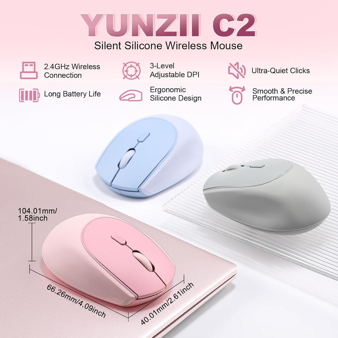 YUNZII C2 Drahtlose Maus, 2,4 GHz Silikon-Lautlose Funkmaus, 3 Verstellbare DPI, 1600 DPI Tracking,