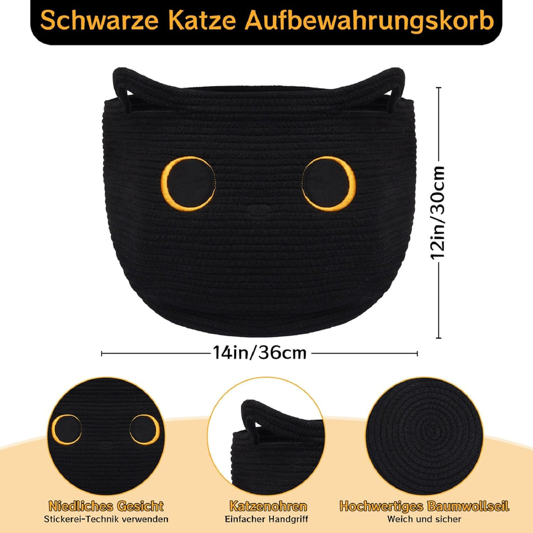 Grosser Korb aus Baumwollseil,Aufbewahrungskorb aus gewebter Baumwolle,Schwarze Katze Gewebter Aufbe