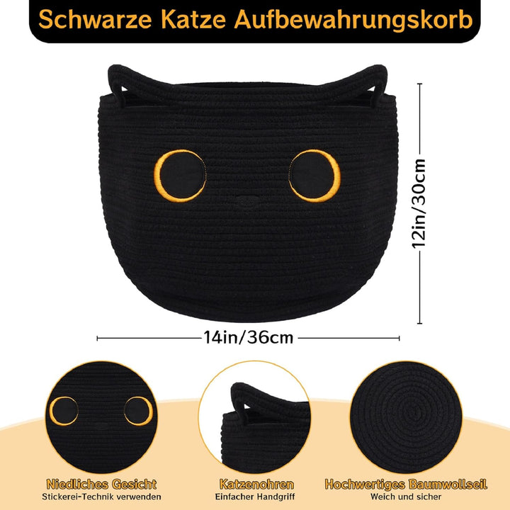 Grosser Korb aus Baumwollseil,Aufbewahrungskorb aus gewebter Baumwolle,Schwarze Katze Gewebter Aufbe