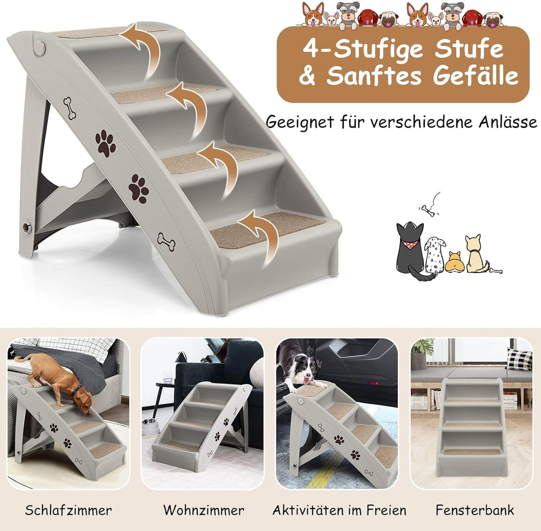 GYMAX Haustiertreppe mit 4 Stufen, klappbare Hundetreppe aus Kunststoff mit rutschfesten Fusspolster