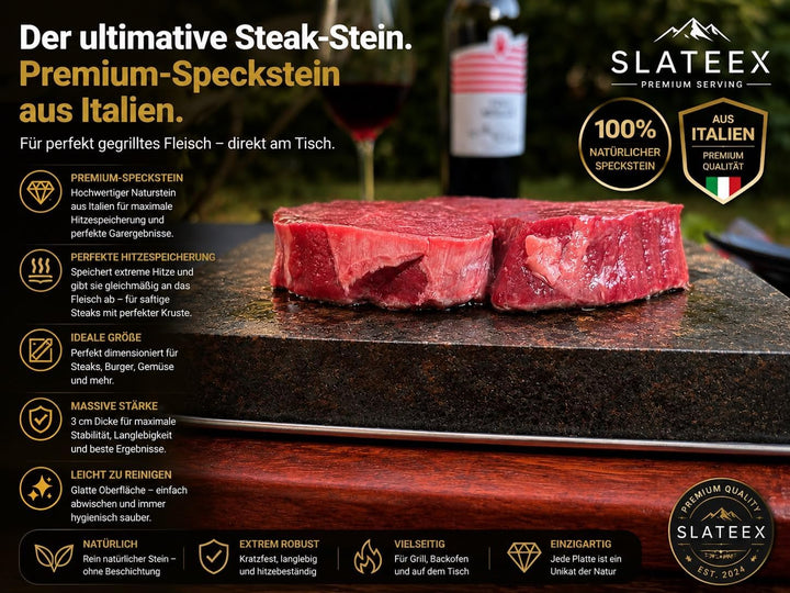 Premium Heisser Stein Steak Set – Speckstein mit massivem Akazienholzbrett, Edelstahlschale &amp; 3 Dip-