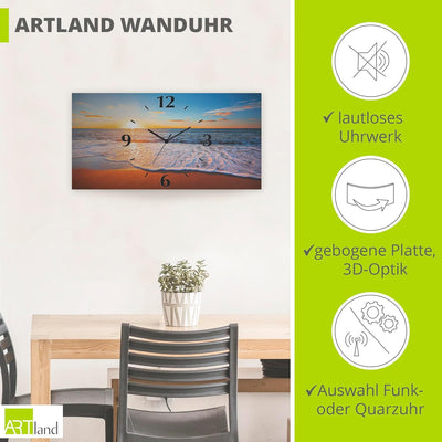 ARTLAND Wanduhr ohne Tickgeräusche Alu Funkuhr 60x30 cm Rechteckig Lautlos Strand Meer Sonnenunterga