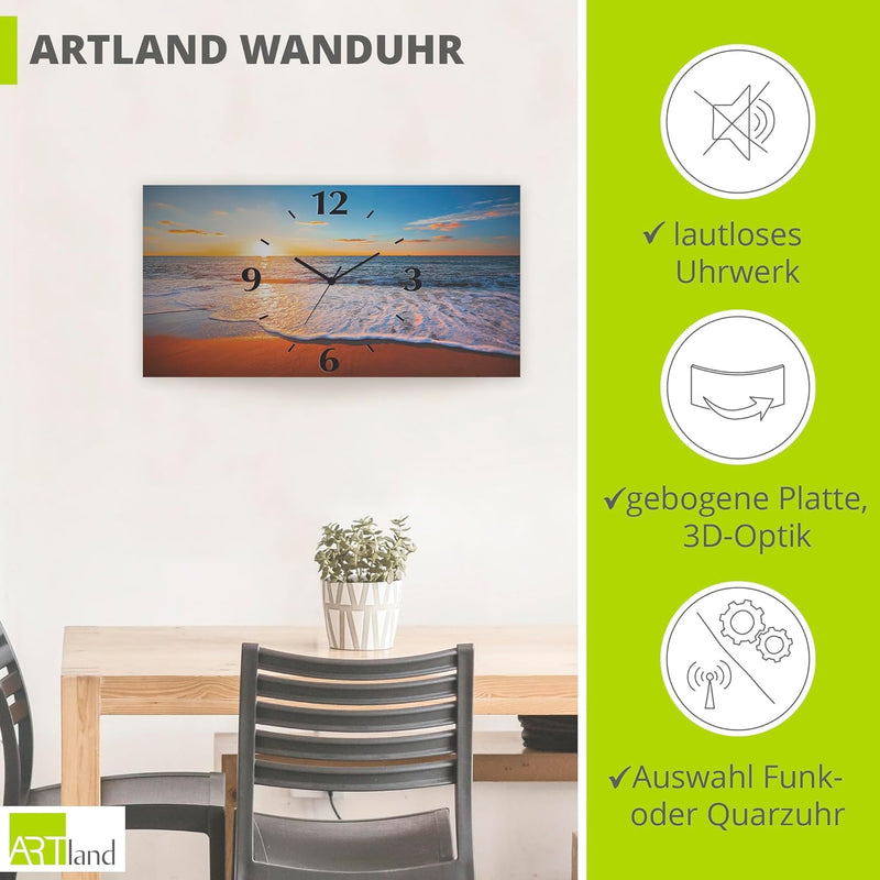 ARTLAND Wanduhr ohne Tickgeräusche Alu Quarzuhr 50x25 cm Rechteckig Lautlos Strand Meer Sonnenunterg