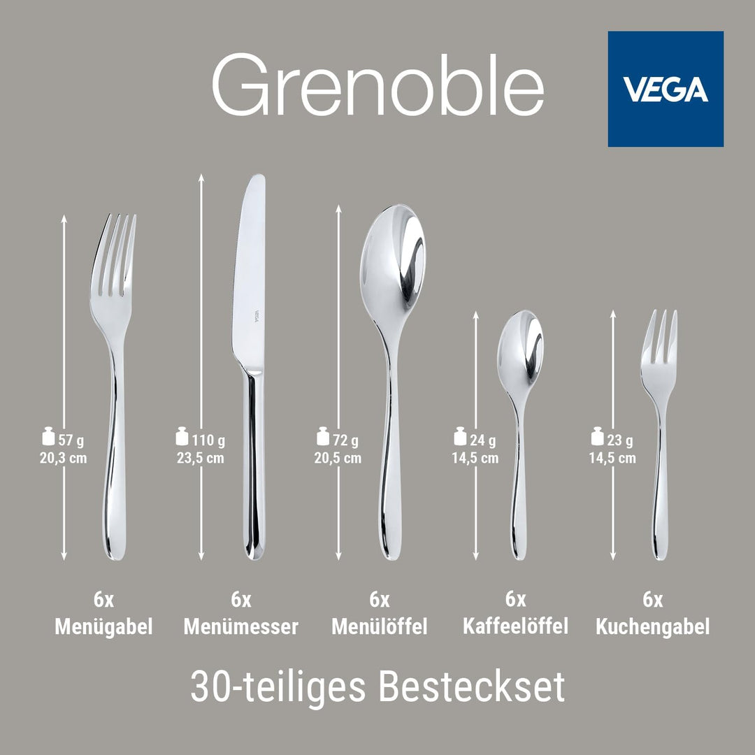 VEGA Grenoble Besteckset 30-teilig für 6 Personen, Silber | Edelstahl 18/10, Hochglanzpoliert, Spülm