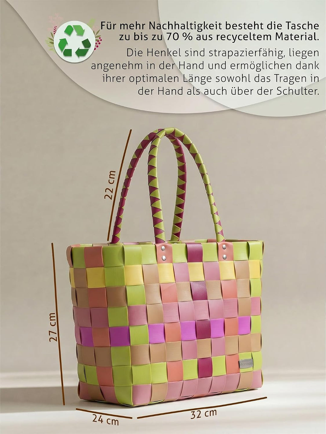 normani Einkaufstasche geflochten mit Henkeln - Tragetasche extra robust Farbe Classic/Peach Classic