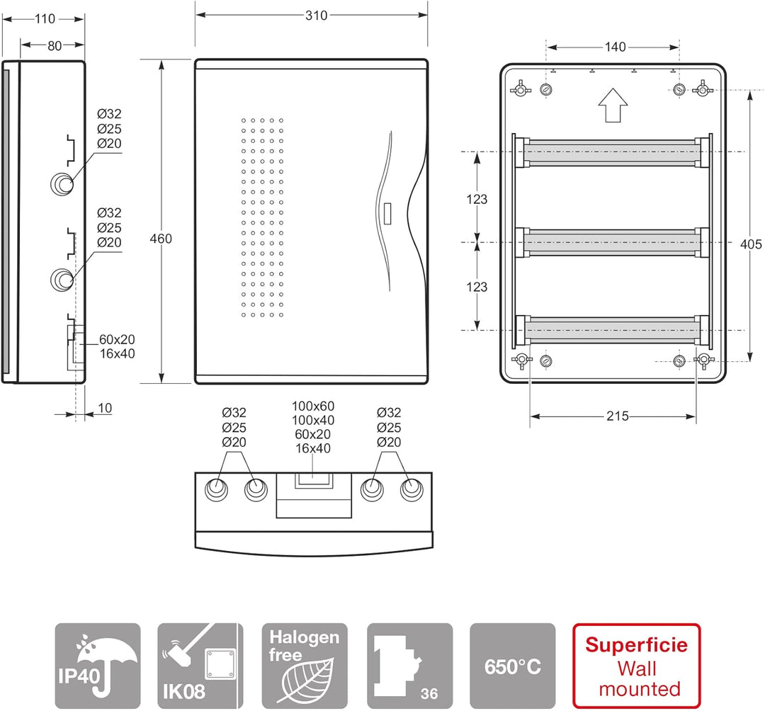 FAMATEL – Aufputzschrank Nuova | IP40 | 36 Elemente | 460 x 305 x 112 | Lichtundurchlässige Tür