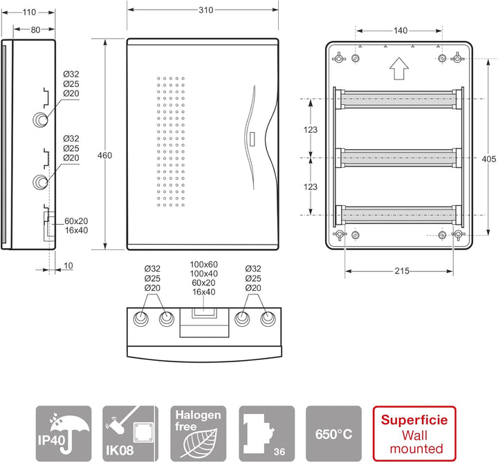 FAMATEL – Aufputzschrank Nuova | IP40 | 36 Elemente | 460 x 305 x 112 | Lichtundurchlässige Tür