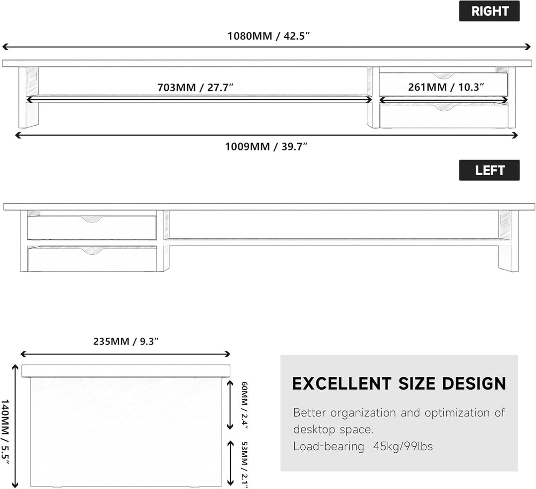 Fenge Dual Monitorständer Riser mit 2 Acryl Schubladen 108cm Grosse Computer Bildschirmständer für P