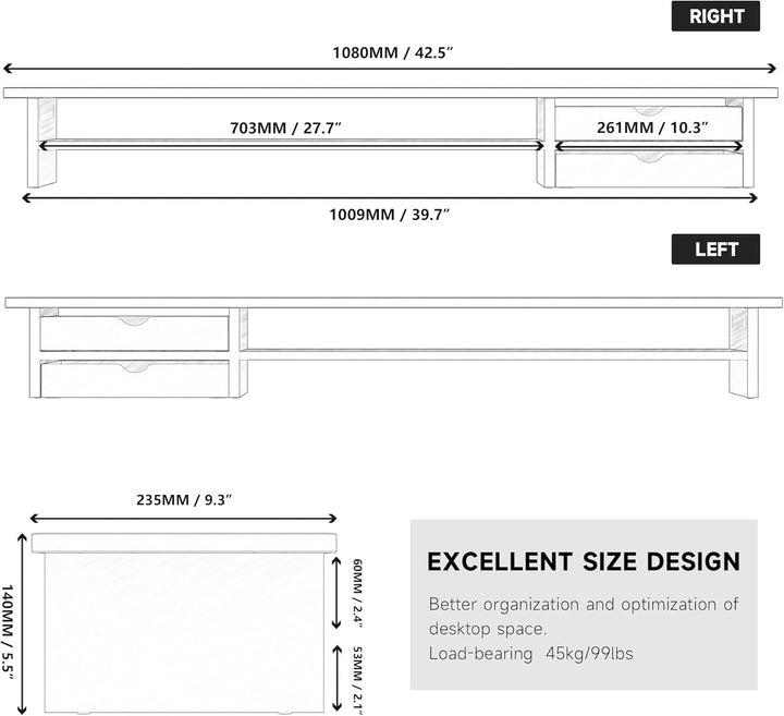 Fenge Dual Monitorständer Riser mit 2 Acryl Schubladen 108cm Grosse Computer Bildschirmständer für P