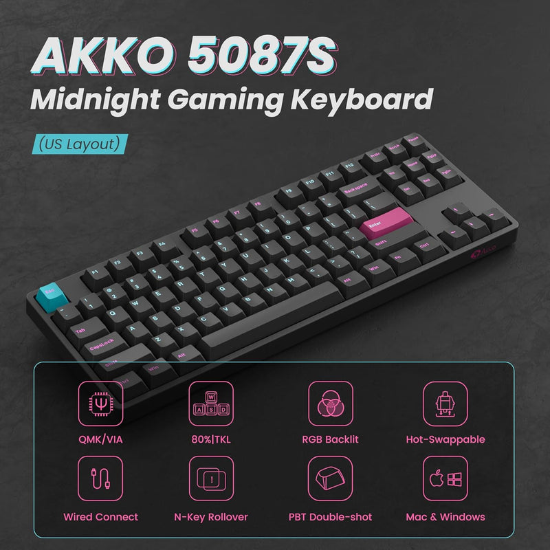 Akko 5087S RGB Mechanische Tastatur Kabelgebundene, 87 Tasten TKL Gaming Keyboard, Unterstützt QMK/V