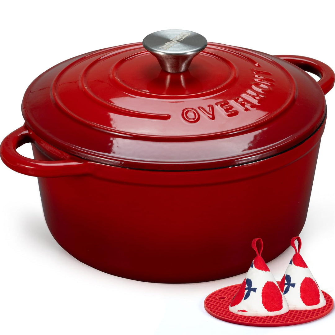 Overmont Bräter emaille Gusseisen Topf - Schmortopf 24cm backofengeeignet - mit Deckel und Kochbuch