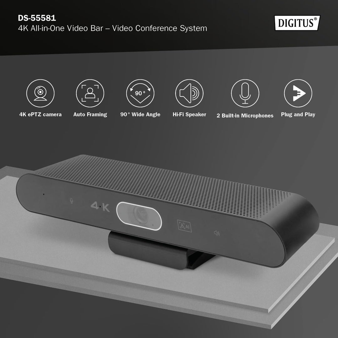 DIGITUS DS-55581 Video Bar Mini, Video-Konferenz-System – 4K UHD 30 Hz ePTZ Webcam Kamera – 2 Intern