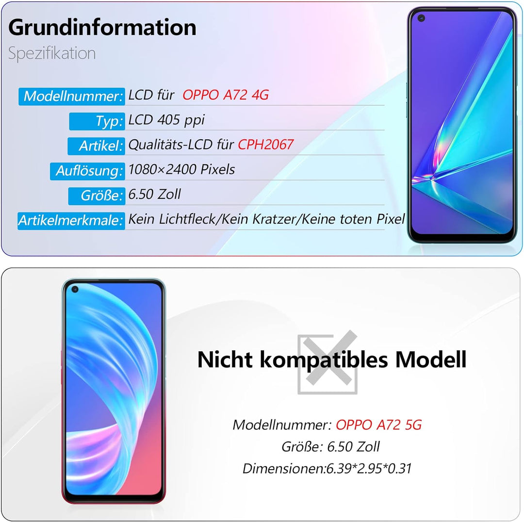 RongZy Kompatibel mit Oppo A72 CPH2067 Ersatz Bildschirm LCD Display und Touchscreen-Digitizer mit W