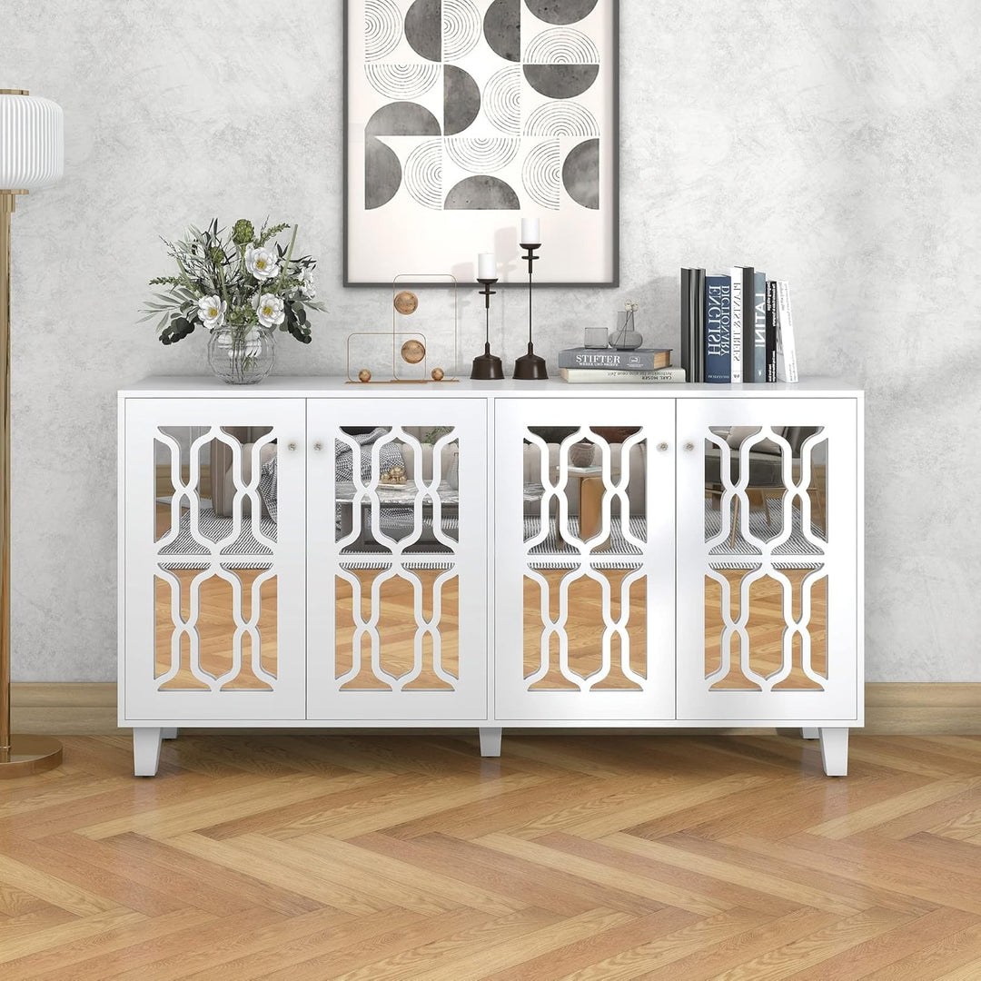 ModernLuxe - Weiss verspiegelte Sideboard mit Kristallgriffen, für Wohn- und Esszimmer (160 x 40 x 8